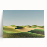 Stretched canvas artwork depicting vibrant green and golden fields under a bright blue sky, creating a serene landscape perfect for home decor.