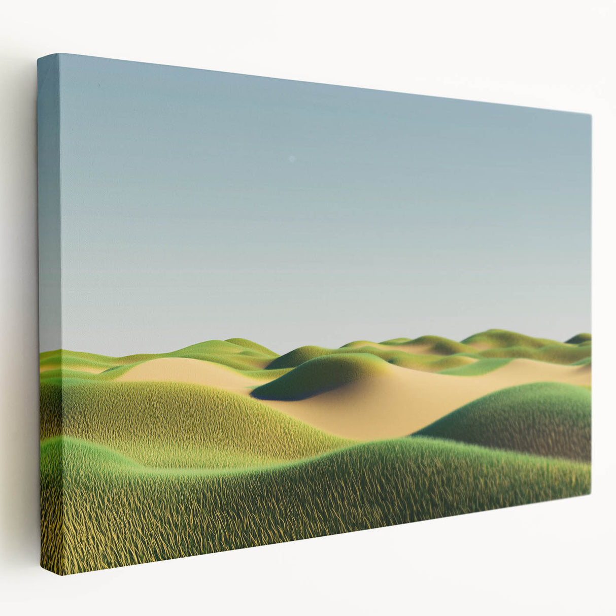 Stretched canvas artwork showcasing vibrant green fields under a bright blue sky, designed to enhance home decor with its calming landscape imagery. Perfect for nature lovers seeking a serene ambiance.