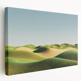 Stretched canvas artwork showcasing vibrant green fields under a bright blue sky, designed to enhance home decor with its calming landscape imagery. Perfect for nature lovers seeking a serene ambiance.