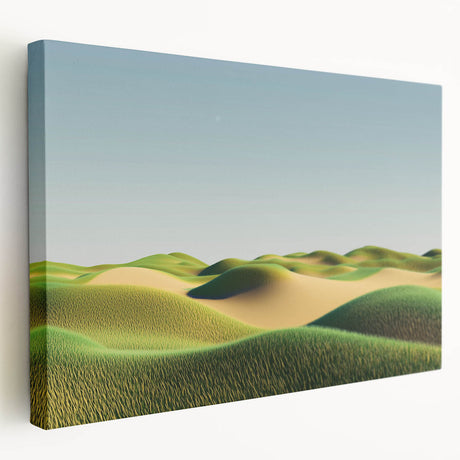 Stretched canvas artwork showcasing vibrant green fields under a bright blue sky, designed to enhance home decor with its calming landscape imagery. Perfect for nature lovers seeking a serene ambiance.