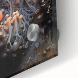 Large abstract wall art in muted earth tones on acrylic glass, ideal for dining room ambiance.