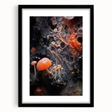 Abstract art print featuring swirling blue and gray patterns on a framed canvas, suitable for dining room or bedroom decor.