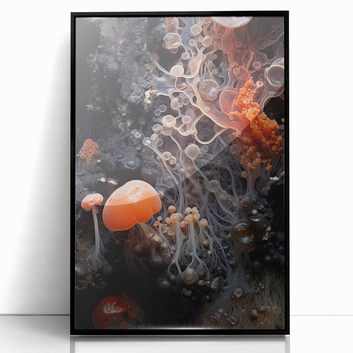 Large abstract wall art on acrylic, featuring black and white swirling patterns, framed in black.