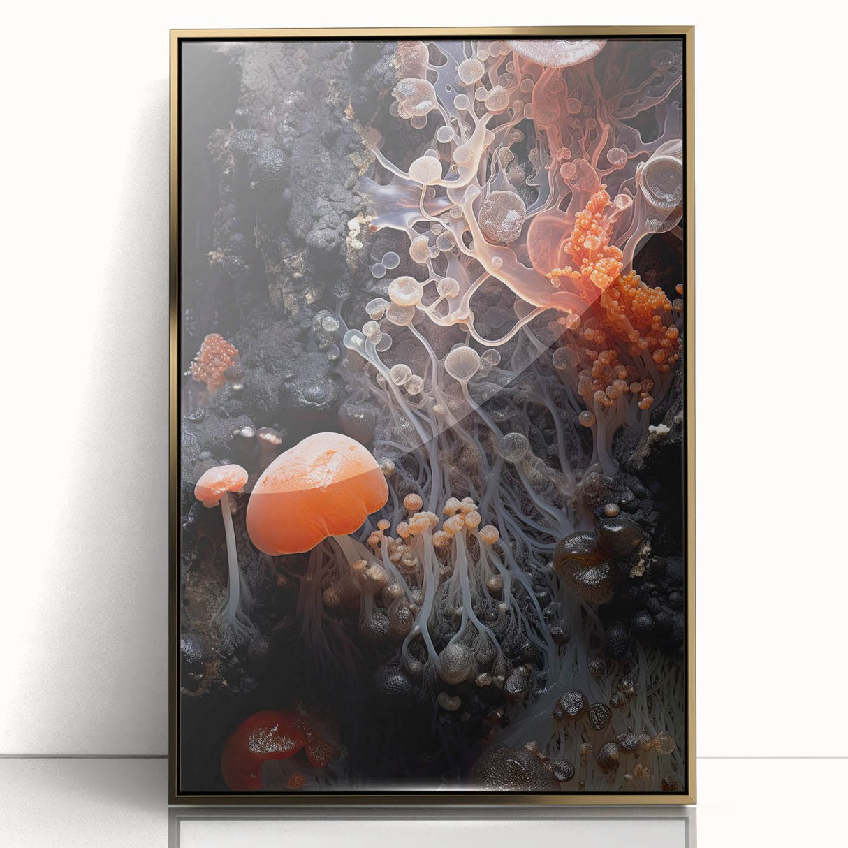 Large art print of natural close-ups in gold frame, featuring mid-century modernist style, suitable for modern nursery decor.