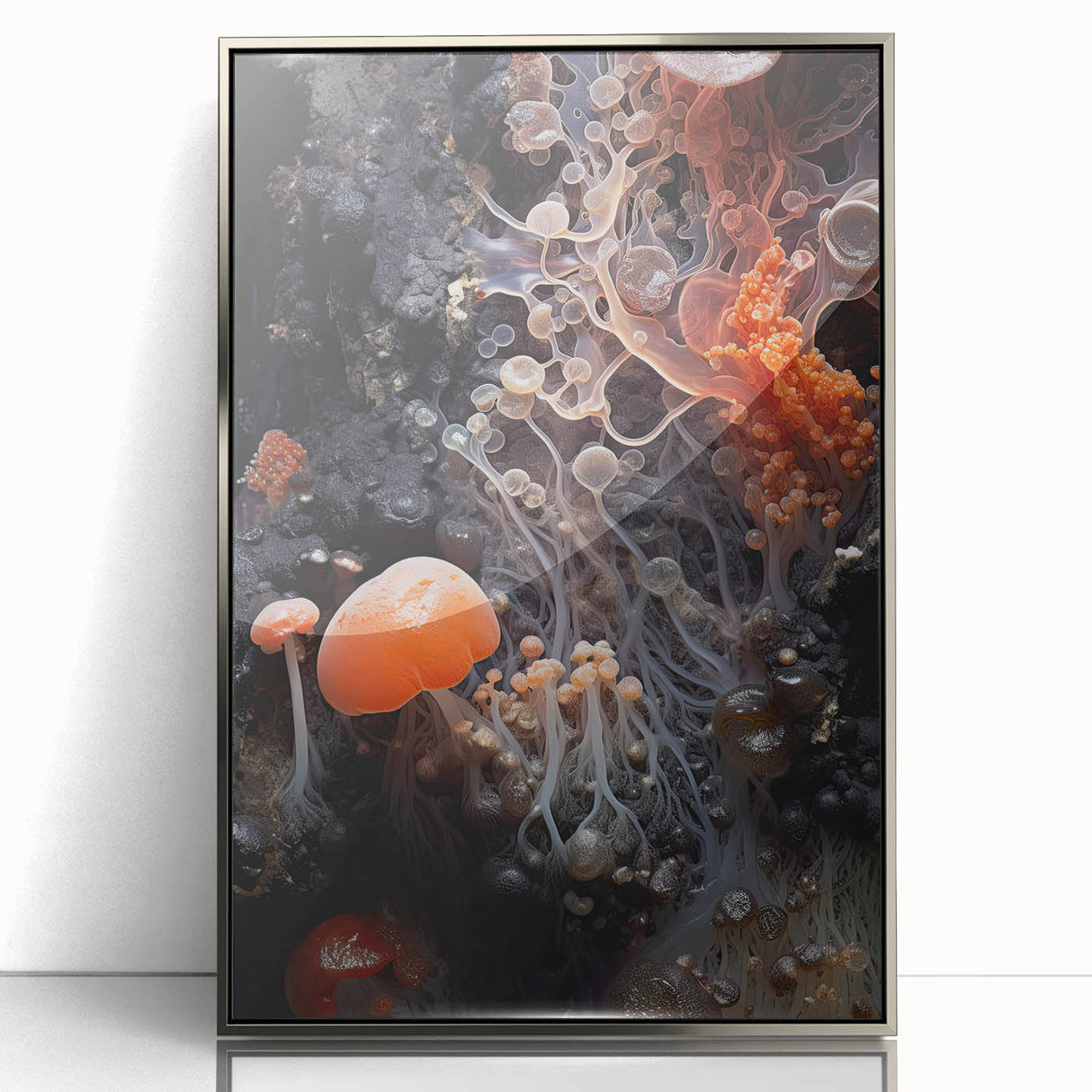 Mid-century modernist art featuring abstract shapes in muted gold and silver hues, acrylic print framed in silver.