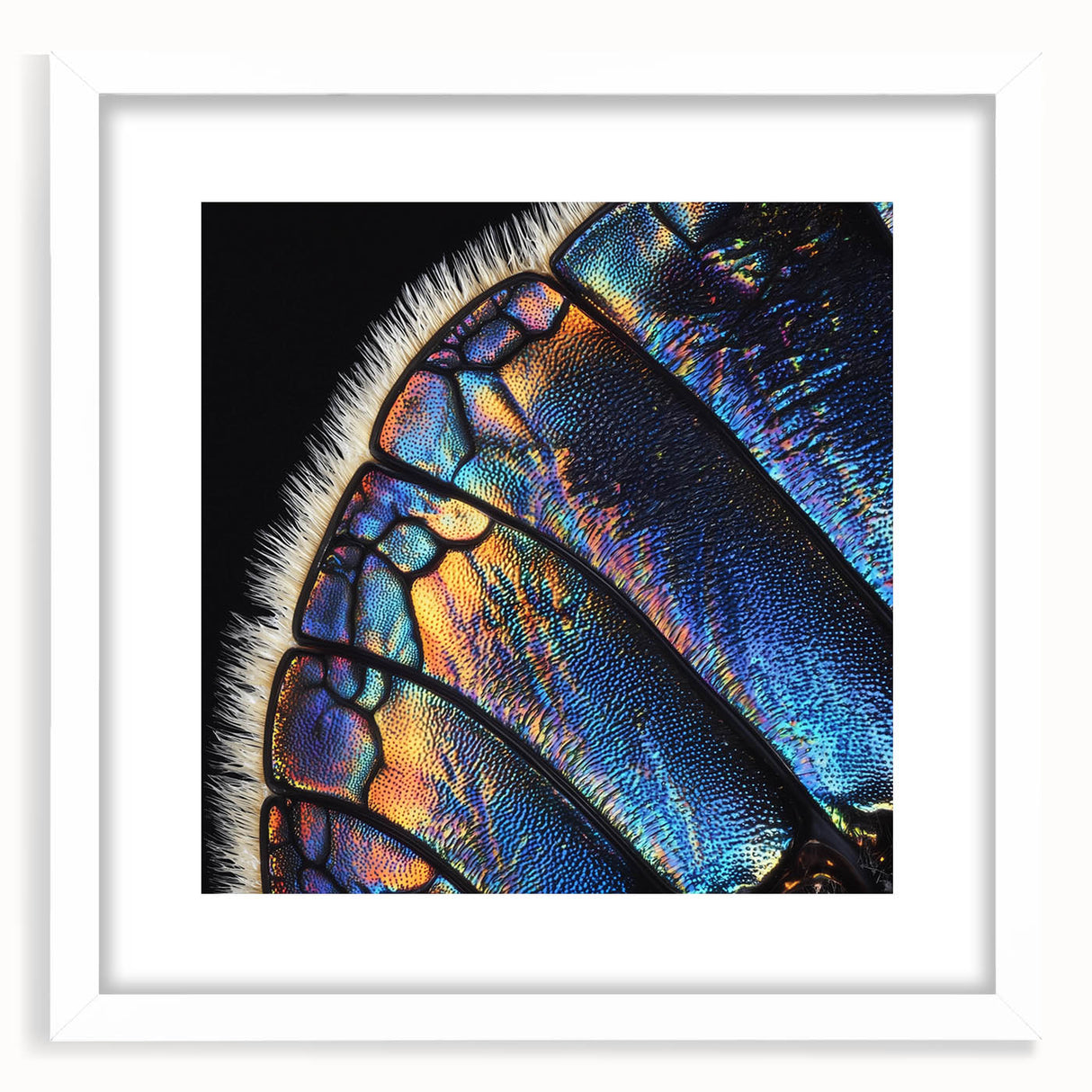 Abstract art print featuring close-up animal motifs in muted earth tones on a white framed canvas.