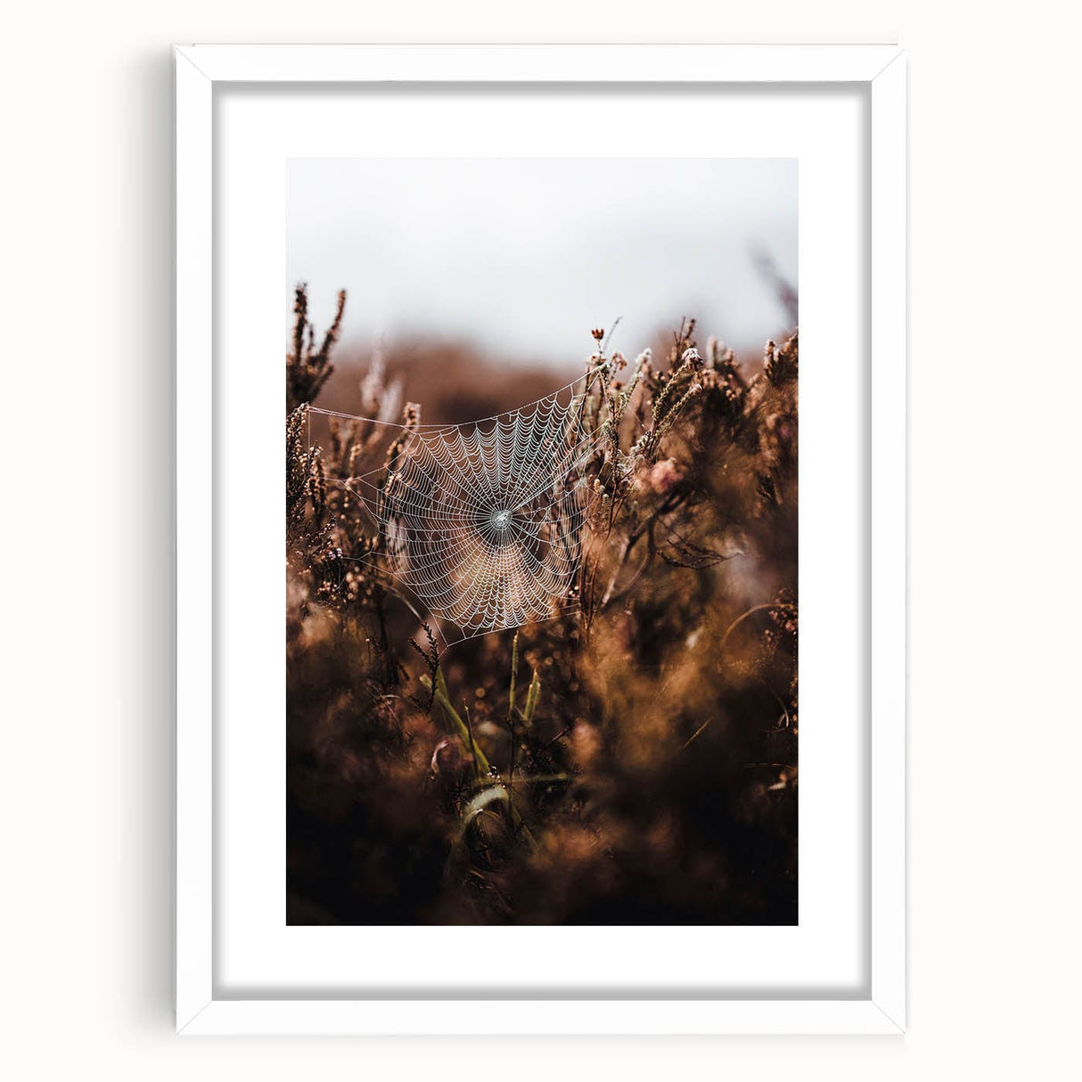 Abstract art print featuring warm autumnal hues in a white framed mat, ideal for dining room decor.