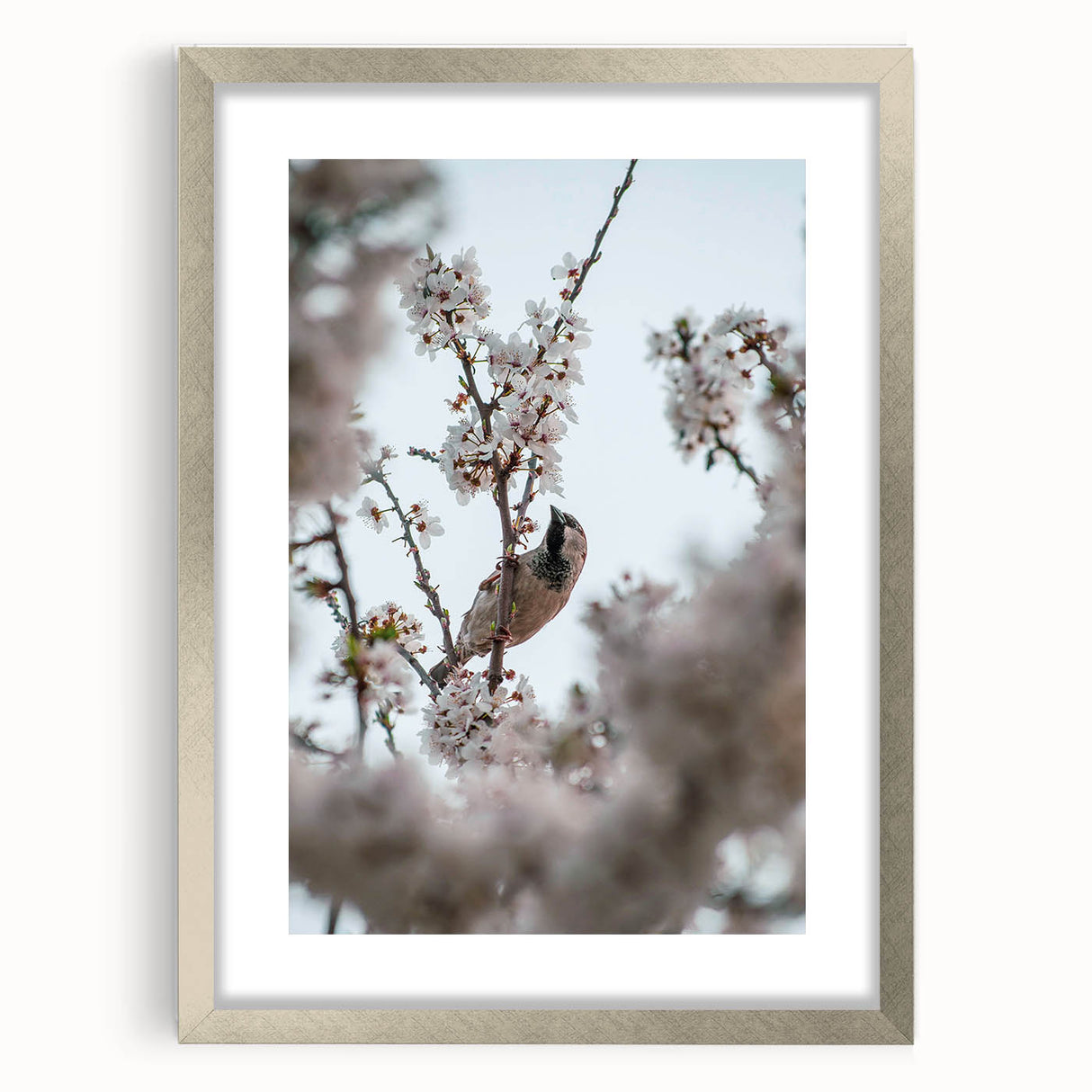 Textured art print of abstract spring motif in soft green and white hues, framed in silver, ideal for bedroom art.