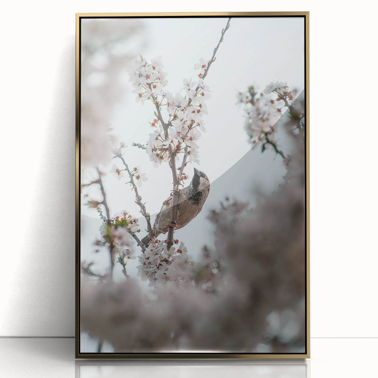 Large art print of a mid-century modernist spring scene in pastel shades, framed in gold acrylic, ideal for nursery wall art.