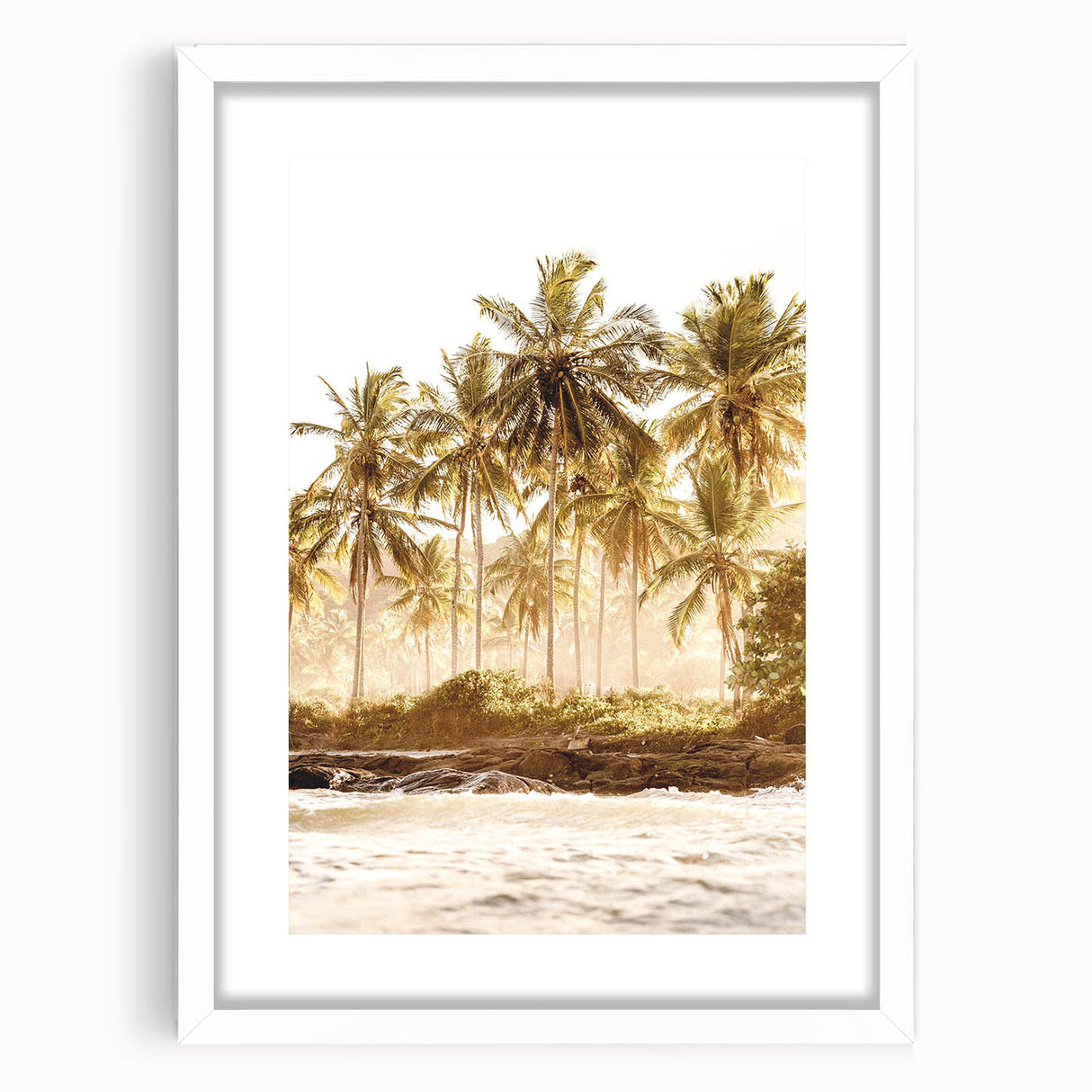 Abstract art print depicting summer season in vibrant orange and yellow hues on a white framed canvas.
