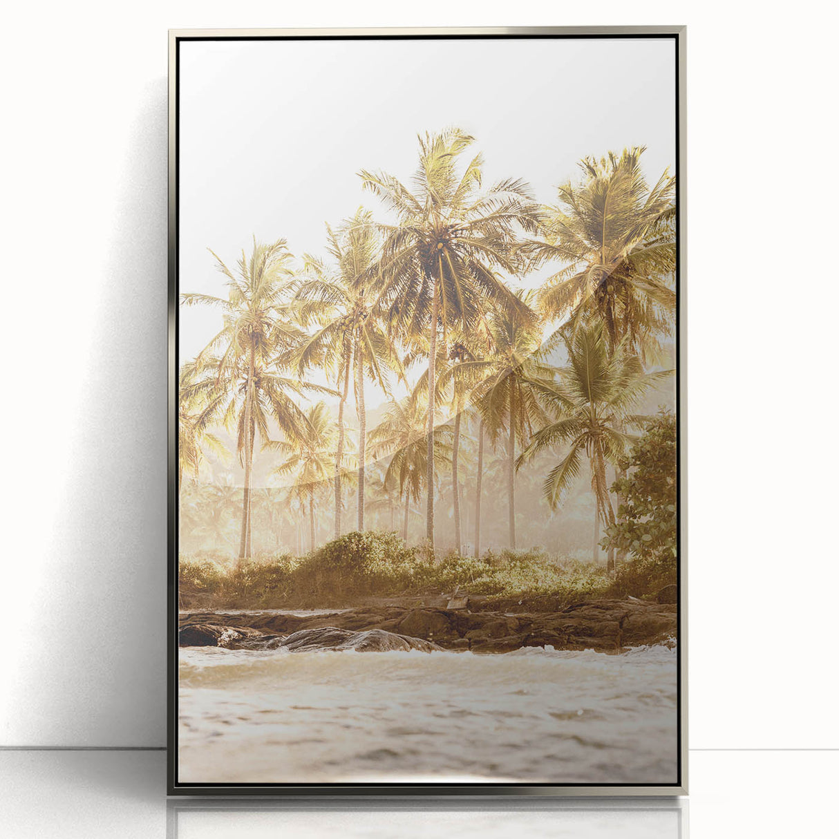 Mid-century modernist art depicting summer season in pastel shades on a silver-framed acrylic print.