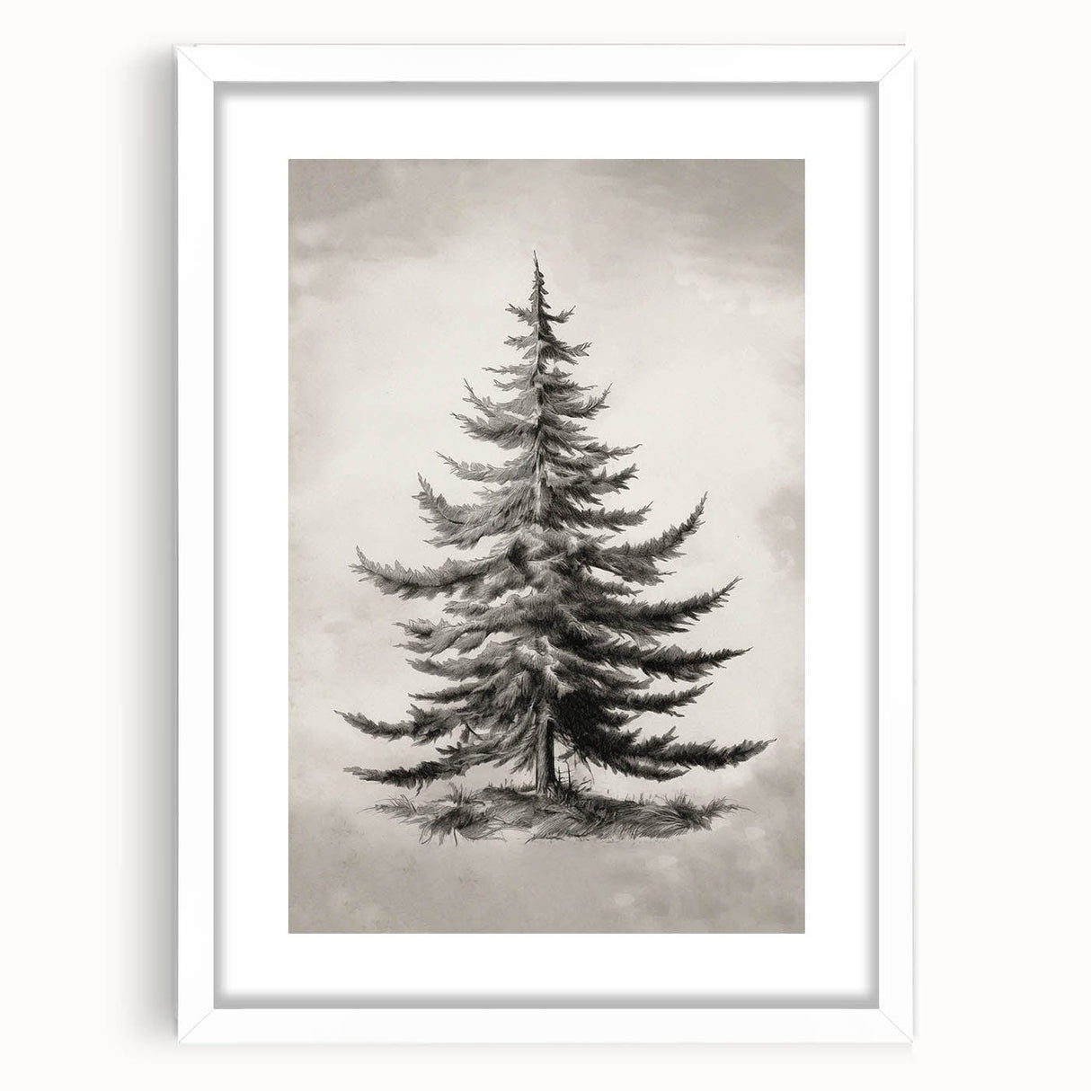Abstract art print depicting a winter scene in muted blue and white tones, framed with a white mat.