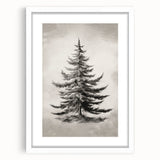 Abstract art print depicting a winter scene in muted blue and white tones, framed with a white mat.