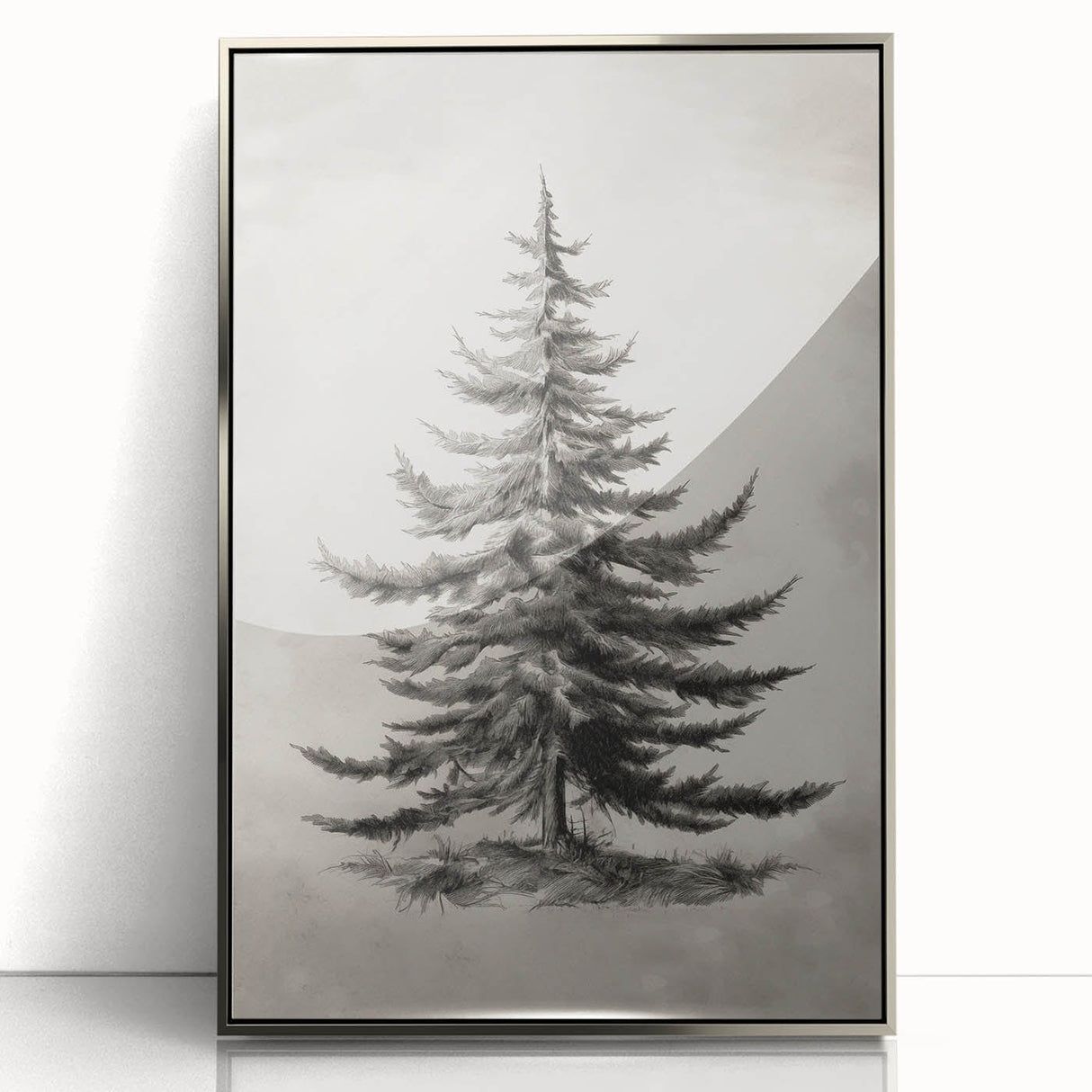 Mid-century modernist art poster featuring a winter scene in muted blue and white tones, framed in silver acrylic.
