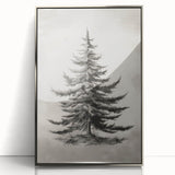 Mid-century modernist art poster featuring a winter scene in muted blue and white tones, framed in silver acrylic.