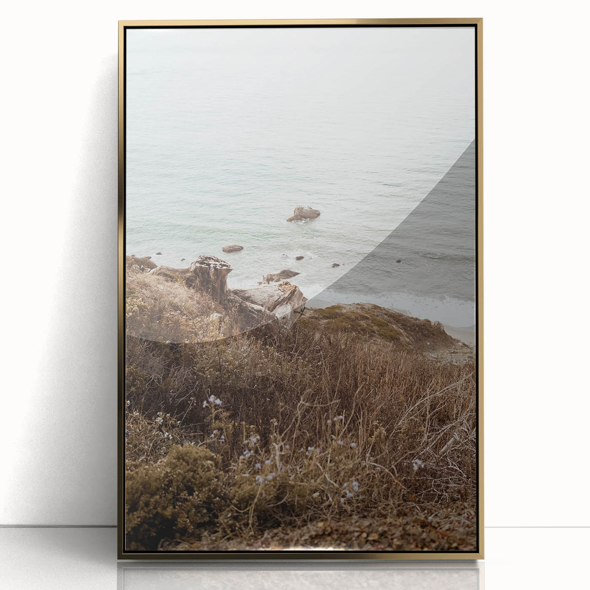 Large art print featuring a mid-century modernist abstract design in gold and white tones on acrylic.