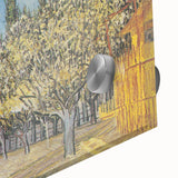 Large abstract wall art on acrylic glass depicting mid-century modernist motifs in vibrant colors.