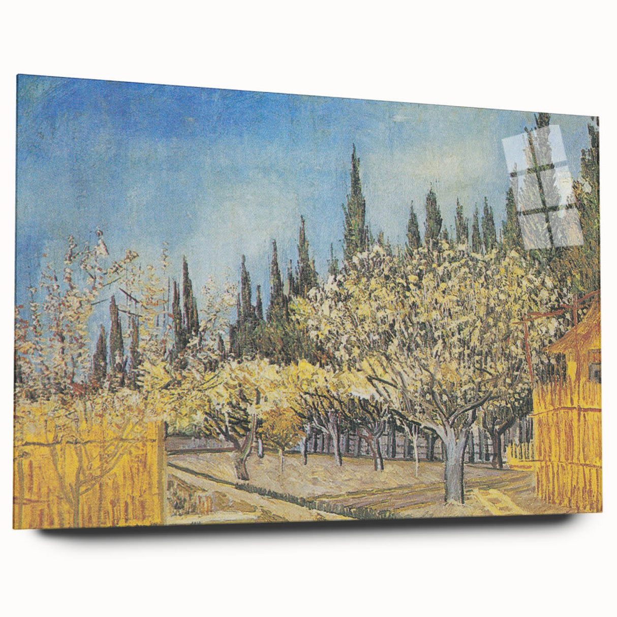 Large abstract acrylic print featuring swirling shades of blue and yellow, ideal for bedroom or dining room art.
