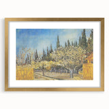 Abstract art print featuring swirling shades of blue and yellow on a framed canvas.