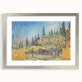 Extra large abstract art print on canvas featuring textured swirls in vibrant blues and yellows, framed in silver.