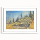 Textured abstract art print in blue and yellow, framed in white, ideal for bedroom art.