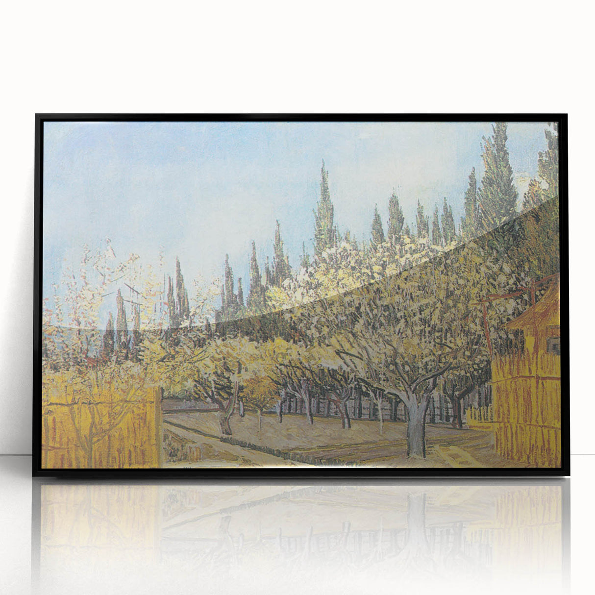 Large abstract wall art on acrylic, featuring swirling blue and yellow patterns, in a black frame.