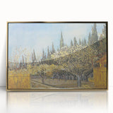 Art deco poster of a Van Gogh painting, featuring bold gold and blue tones, framed in acrylic.