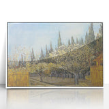 Mid-century modernist art depicting abstract shapes in vibrant orange and blue on a white acrylic framed print.