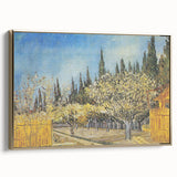 Side view of a framed canvas featuring a vintage-style landscape painting in muted gold and black tones.