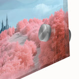 Close-up of a vibrant acrylic landscape painting showcasing a majestic castle surrounded by lush greenery, designed for decorative display. Perfect for home decor enthusiasts.