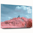 Acrylic glass artwork showcasing a stunning landscape with a castle, viewed from the side, accented by decorative pins, perfect for elegant home decor.
