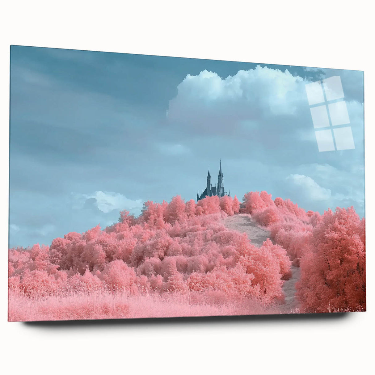 Acrylic glass side view of a stunning landscape castle design, showcasing vibrant colors and intricate details, ideal for home decor or art collectors.