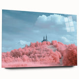 Acrylic glass side view of a stunning landscape castle design, showcasing vibrant colors and intricate details, ideal for home decor or art collectors.