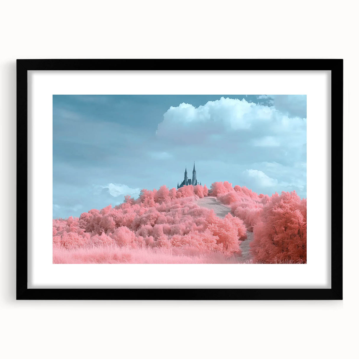 Framed landscape artwork depicting a serene castle scene, featuring a black mat and sleek frame, designed to enhance home decor with elegance and style.