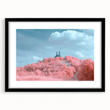 Framed landscape artwork depicting a serene castle scene, featuring a black mat and sleek frame, designed to enhance home decor with elegance and style.