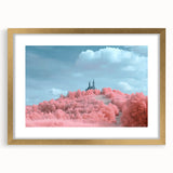 Elegant landscape artwork featuring a majestic castle framed in a gold mat, showcasing intricate details and vibrant colors, perfect for home decor.