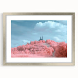 Elegant silver-framed landscape artwork depicting a majestic castle surrounded by lush greenery, featuring a double mat for added depth and sophistication, ideal for home decor.