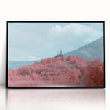 Framed acrylic artwork showcasing a stunning landscape with a majestic castle, presented in a sleek black frame, ideal for enhancing home decor.