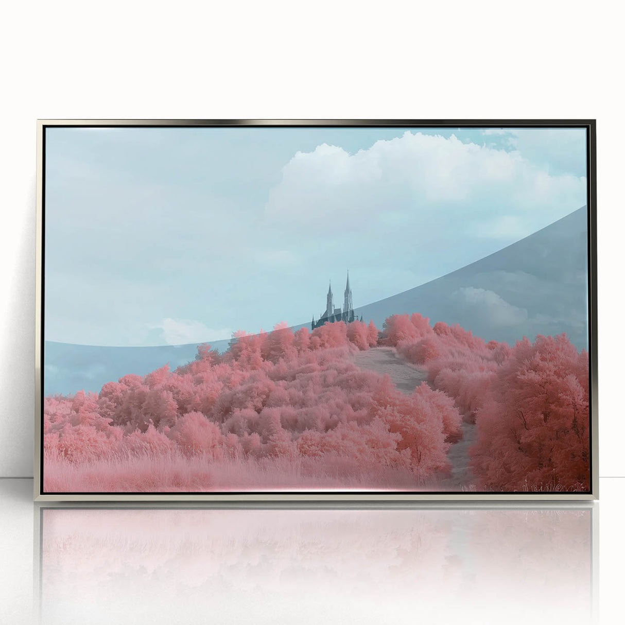 Framed acrylic artwork showcasing a stunning landscape with a castle, featuring silver accents and a sleek front view, perfect for home decor enthusiasts.