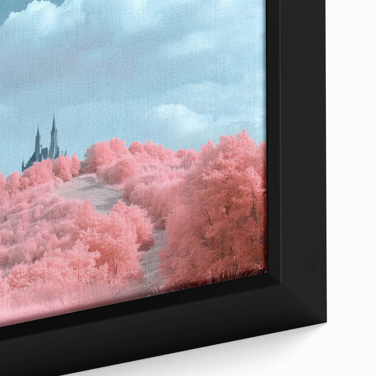 Close-up of a framed canvas artwork depicting a serene landscape with a majestic castle, featuring rich colors and intricate details, perfect for home decor.