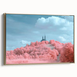 Framed canvas artwork showcasing a stunning landscape with a castle, featuring a gold frame that enhances the visual appeal. The piece exudes elegance and sophistication, perfect for home decor.