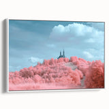 Framed canvas artwork showcasing a stunning landscape with a medieval castle, featuring vibrant colors and intricate details, displayed from a side view against a white backdrop.