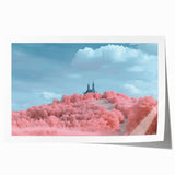 Scenic rolled print depicting a vibrant landscape with a majestic castle, showcasing intricate details and rich colors, ideal for home decor or art display.