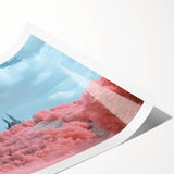 Rolled print showcasing a vibrant landscape with a majestic castle surrounded by lush greenery, elegantly packaged in a protective cardboard tube for safe delivery.