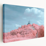 Stretched canvas artwork depicting a vibrant landscape with a majestic castle, showcasing rich colors and intricate details, perfect for home decor or office spaces.