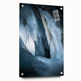 Acrylic glass artwork depicting a stunning landscape with intricate cave formations, displayed from a side view and secured with decorative pins. Ideal for modern decor.