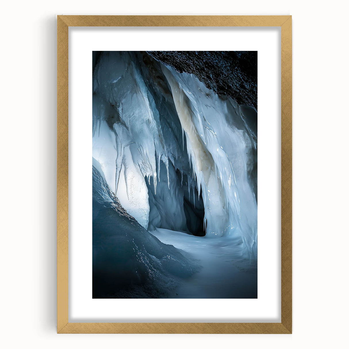 Elegant gold-framed landscape print showcasing intricate cave details, set against a soft mat background, ideal for enhancing modern decor with natural beauty.