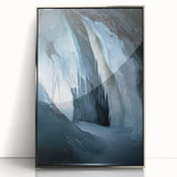 Framed acrylic artwork showcasing a stunning landscape with intricate cave formations, featuring a sleek silver frame that enhances the vibrant colors and details. Perfect for modern home decor.