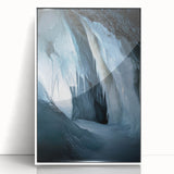 Framed acrylic artwork showcasing a stunning landscape of caves, featuring intricate details and vibrant colors, set against a sleek white frame for a modern touch.