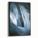 Framed canvas artwork showcasing a stunning landscape with cave formations, featuring a sleek black frame and side view, perfect for enhancing home decor.